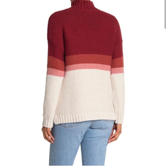 Marine Layer Remi Warm Red Multi Stripe Cotton Merino Wool Mock Neck Sweater - Picture 3 of 11